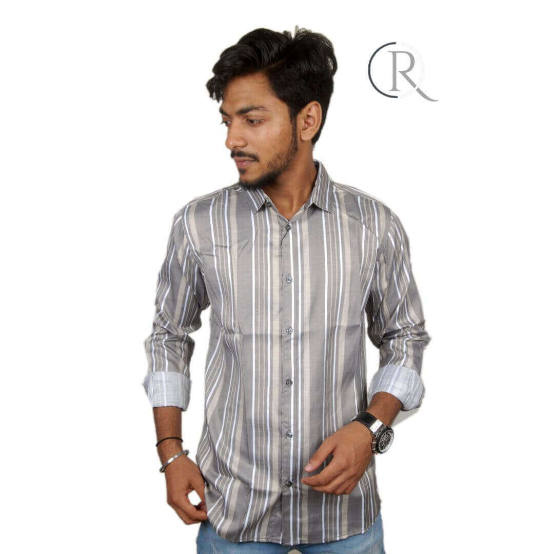 gray & white striped shirt, Orinio a lifestyle brand of fashion