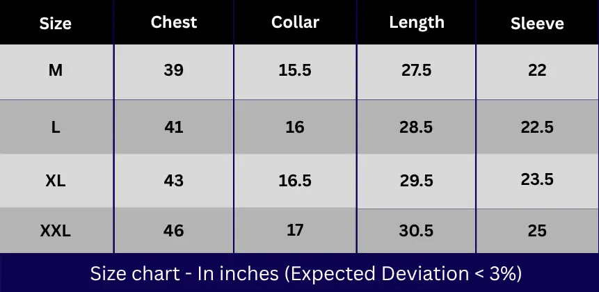 Orinio Formal Shirt Size Chart 1